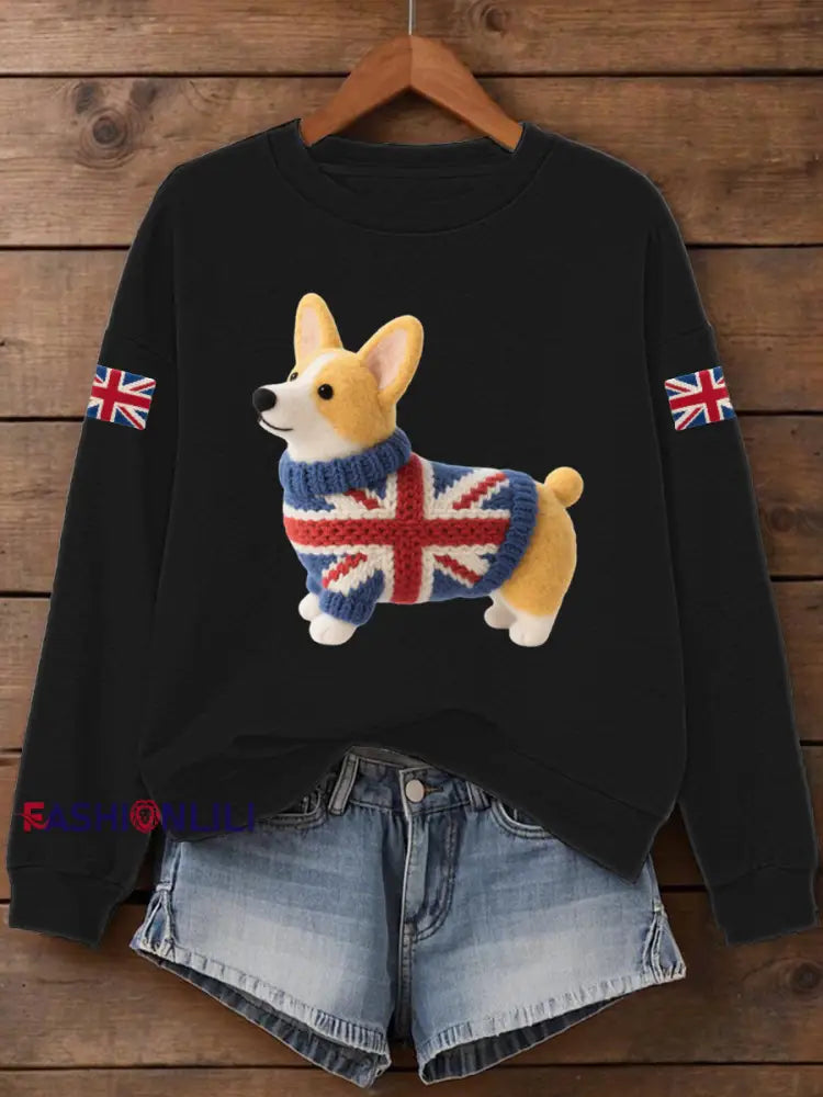 Women’s UK Flag Corgi Print Sweatshirt Black / S