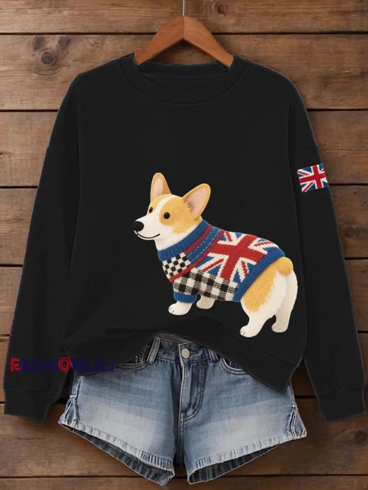 Women’s UK Flag Corgi Print Sweatshirt Black / S
