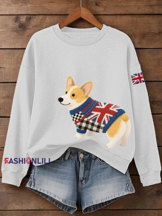 Women’s UK Flag Corgi Print Sweatshirt White / S