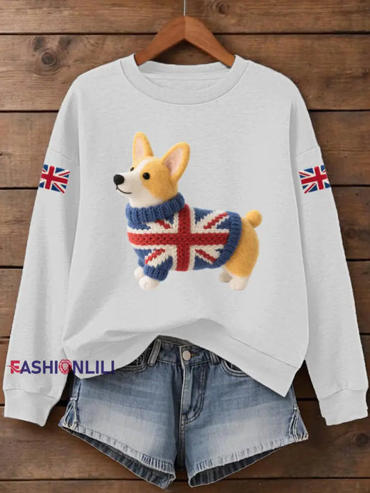 Women’s UK Flag Corgi Print Sweatshirt White / S