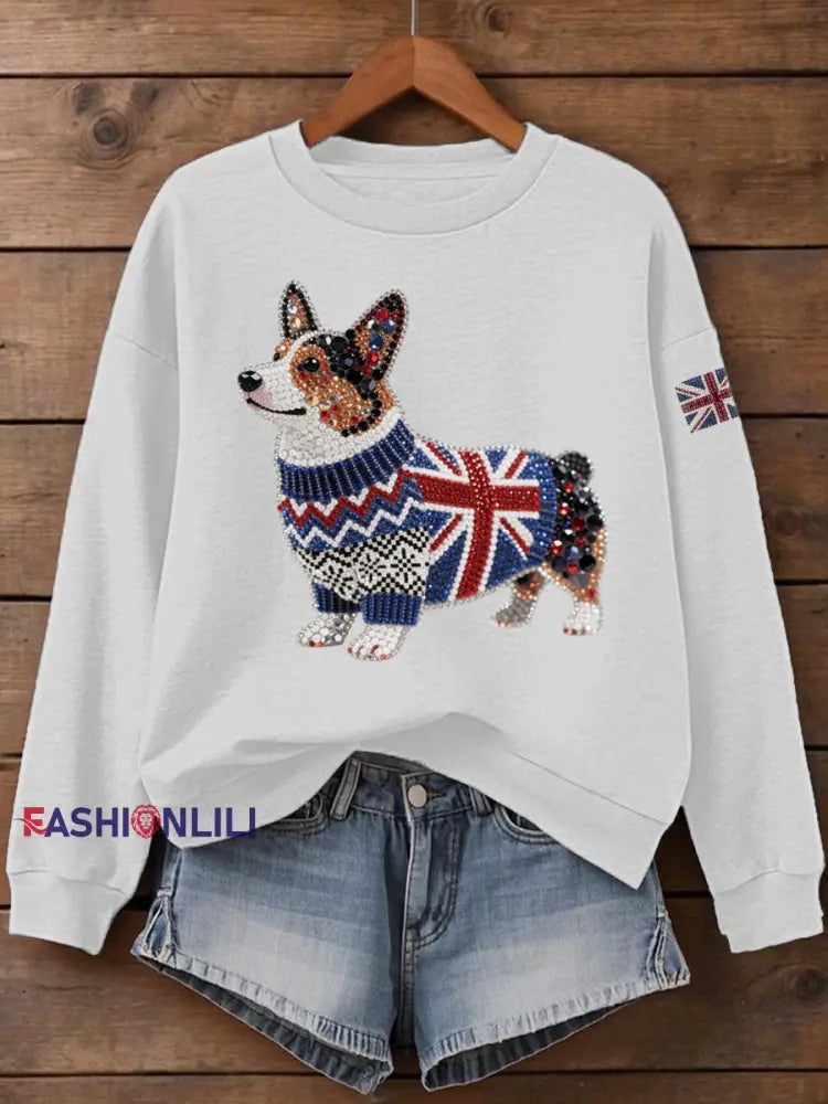 Women’s UK Flag Corgi Print Sweatshirt White / S