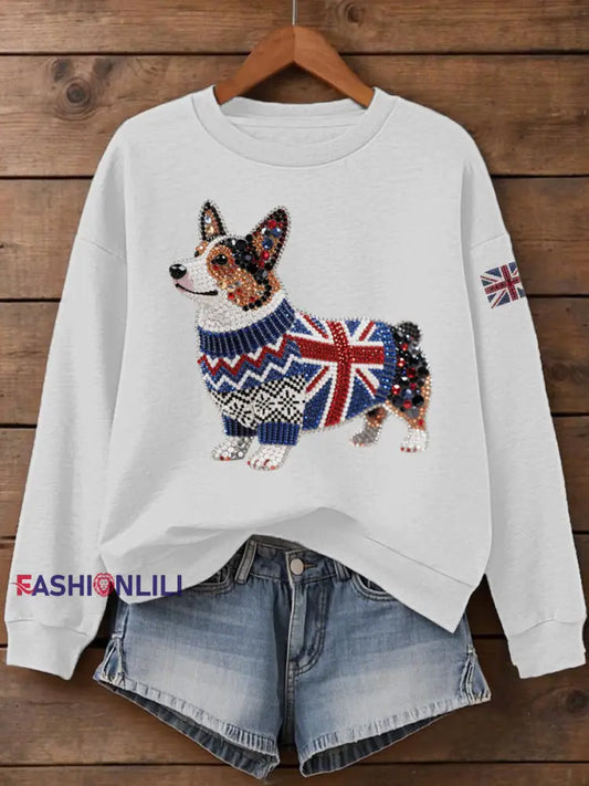 Women’s UK Flag Corgi Print Sweatshirt White / S