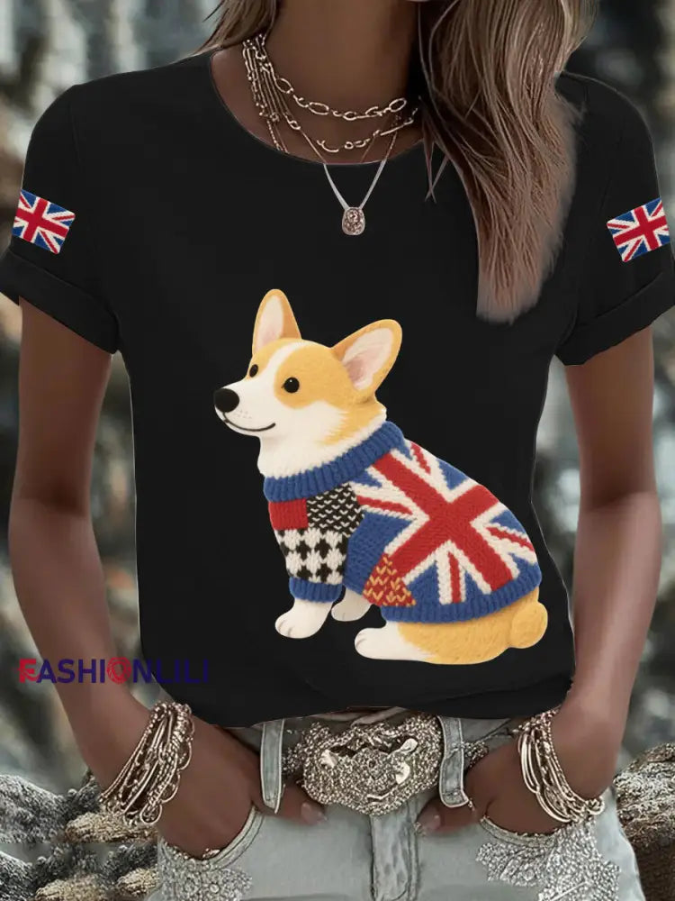 Women’s UK Flag Corgi Printed T shirt Black / S