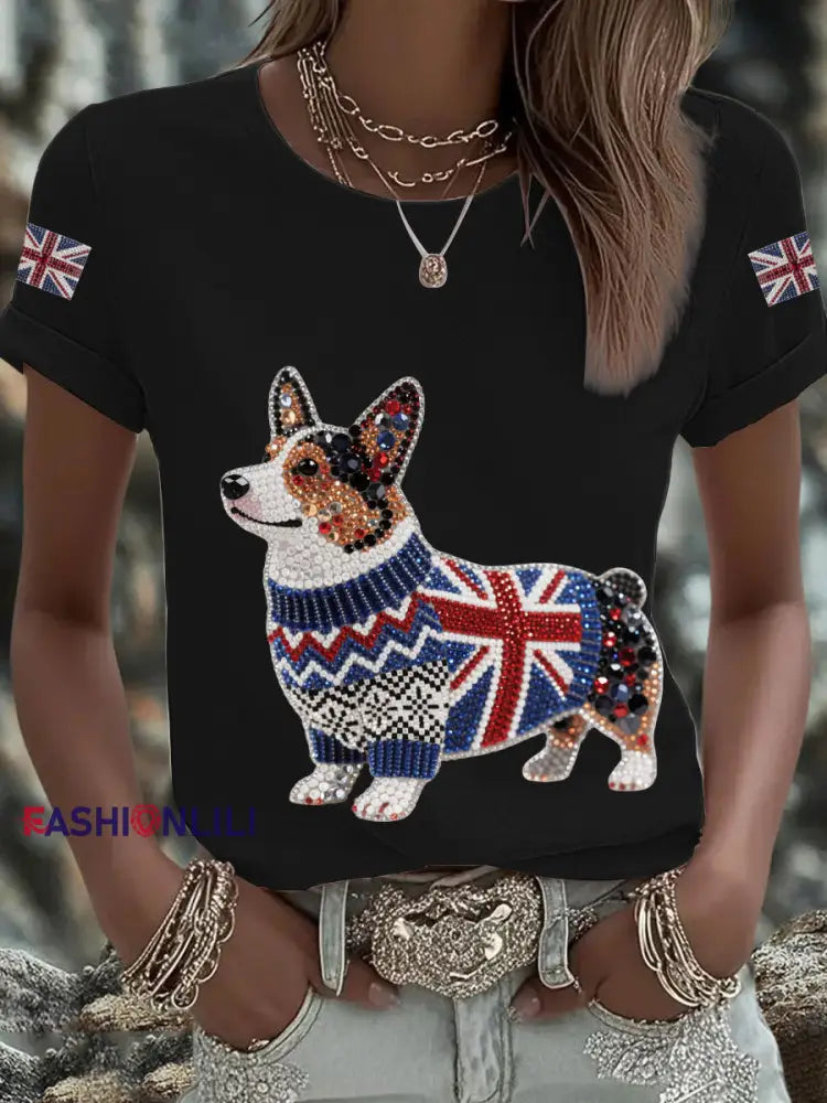 Women’s UK Flag Corgi Printed T shirt Black / S