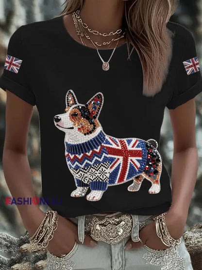 Women’s UK Flag Corgi Printed T shirt Black / S