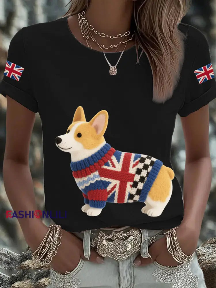 Women’s UK Flag Corgi Printed T shirt Black / S