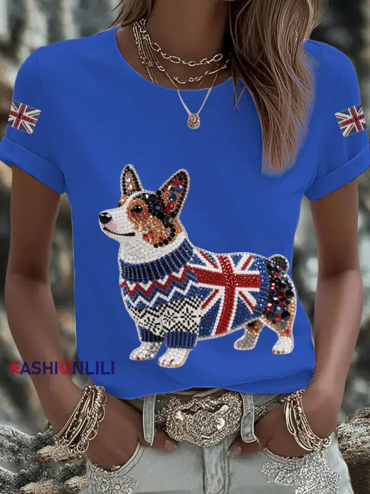 Women’s UK Flag Corgi Printed T shirt Blue / S
