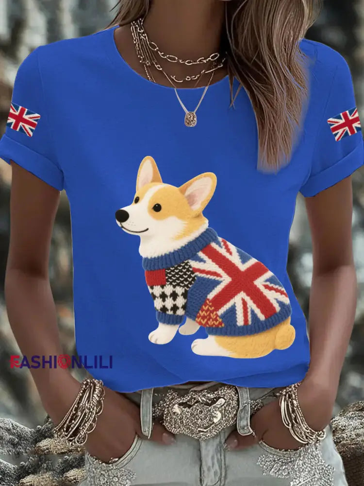 Women’s UK Flag Corgi Printed T shirt Blue / S