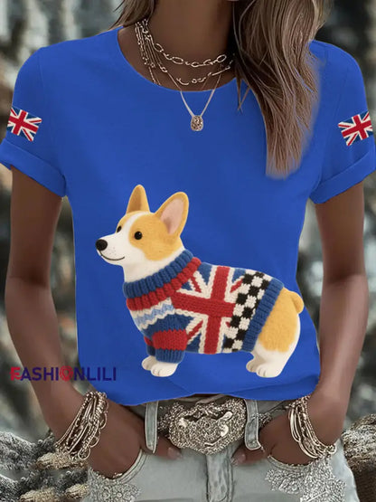 Women’s UK Flag Corgi Printed T shirt Blue / S