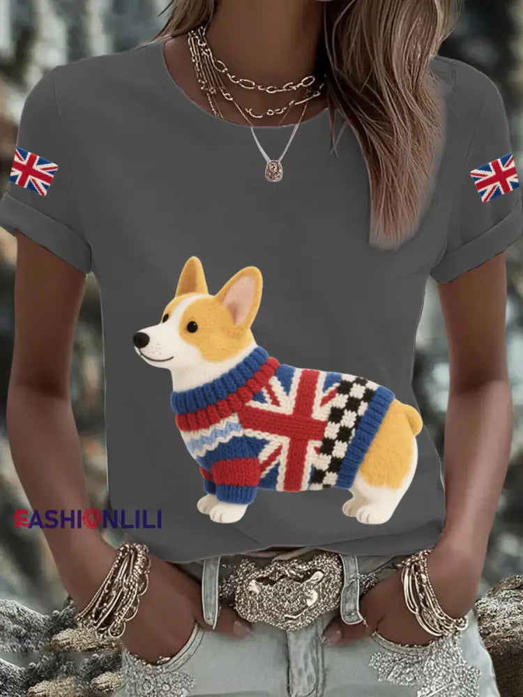 Women’s UK Flag Corgi Printed T shirt Dark Gray / S