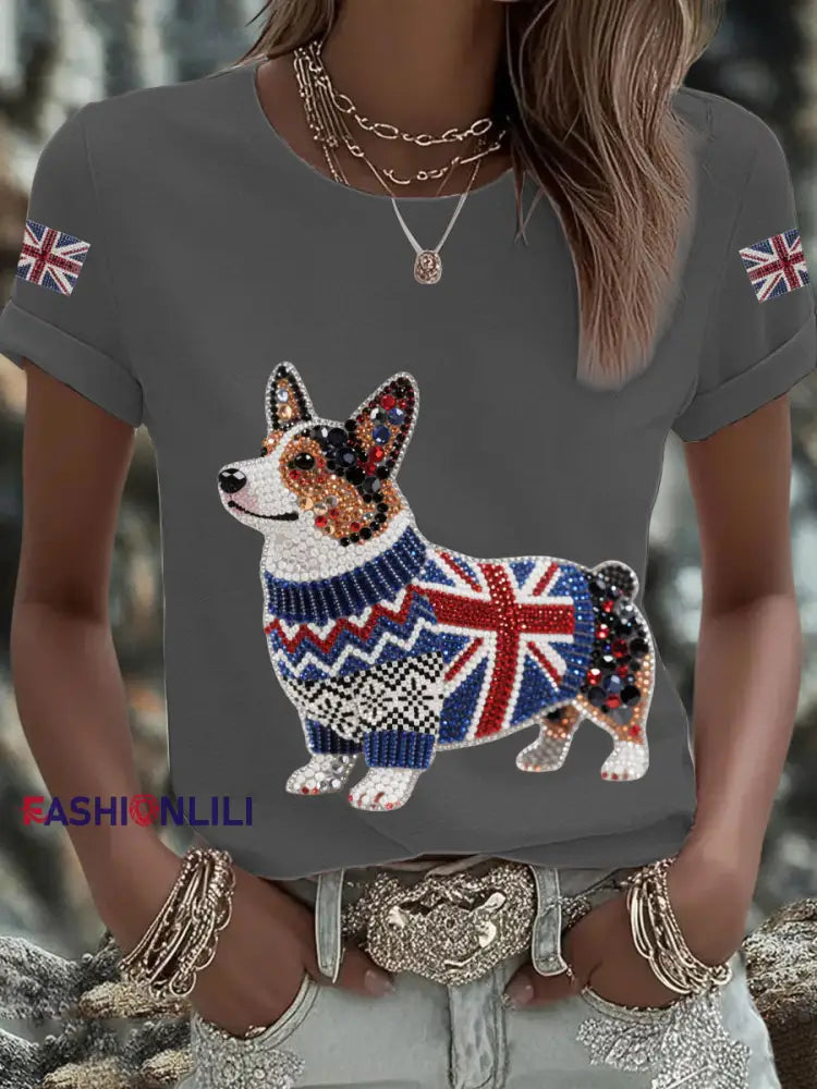 Women’s UK Flag Corgi Printed T shirt Dark Gray / S