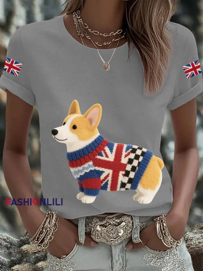Women’s UK Flag Corgi Printed T shirt Light Gray / S