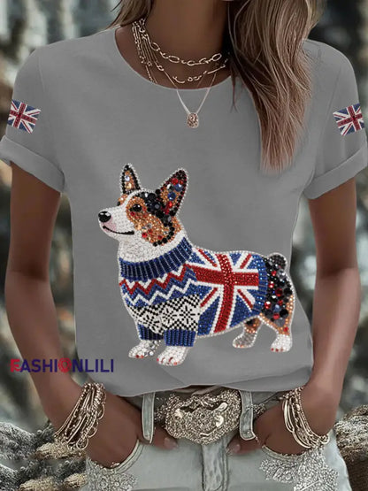 Women’s UK Flag Corgi Printed T shirt Light Gray / S