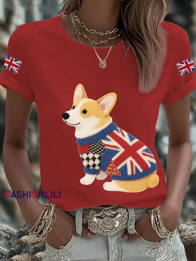 Women’s UK Flag Corgi Printed T shirt Red / S
