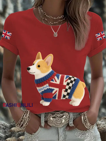 Women’s UK Flag Corgi Printed T shirt Red / S