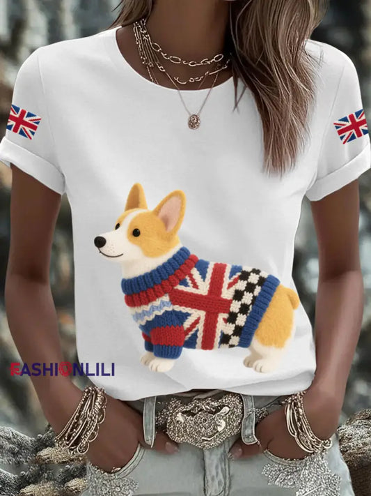 Women’s UK Flag Corgi Printed T shirt White / S