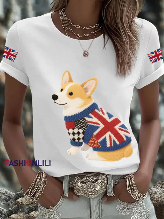 Women’s UK Flag Corgi Printed T shirt White / S
