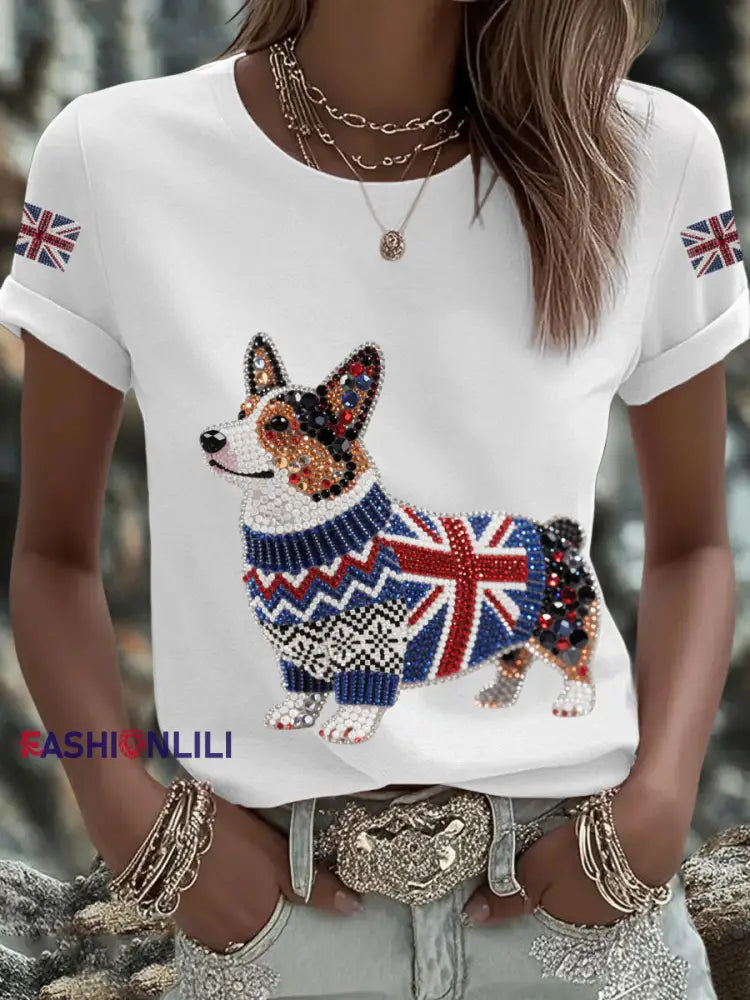 Women’s UK Flag Corgi Printed T shirt White / S