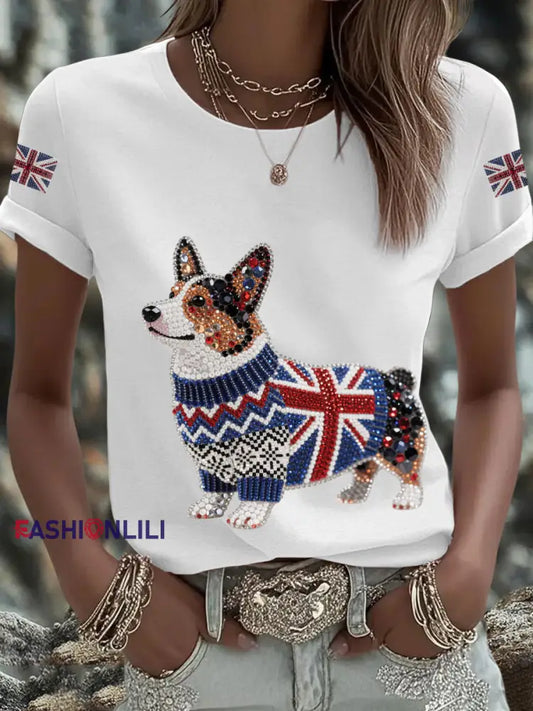 Women’s UK Flag Corgi Printed T shirt White / S