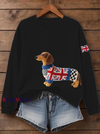 Women’s UK Flag Dachshund Print Sweatshirt Black / S