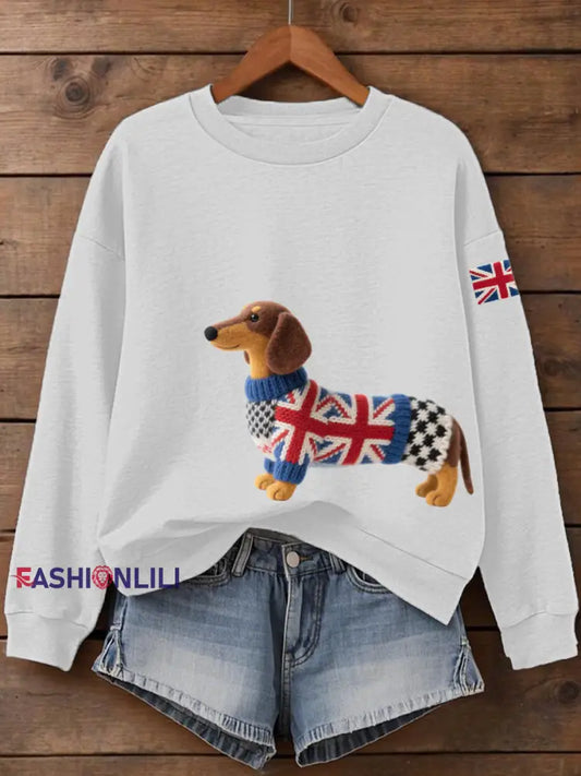 Women’s UK Flag Dachshund Print Sweatshirt White / S