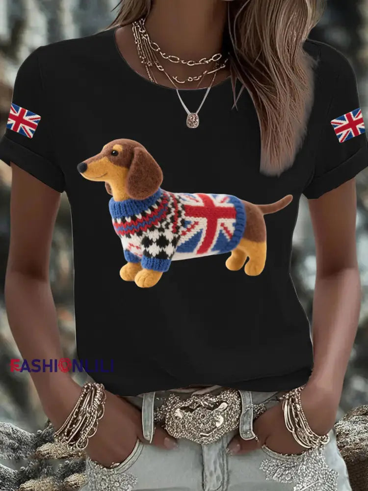 Women’s UK Flag Dachshund Printed T shirt Black / S