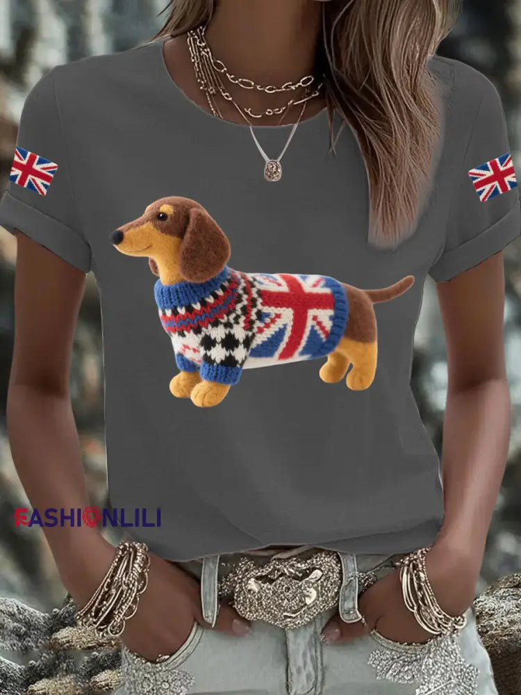 Women’s UK Flag Dachshund Printed T shirt Dark Gray / S