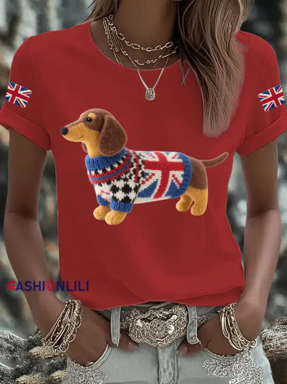 Women’s UK Flag Dachshund Printed T shirt Red / S
