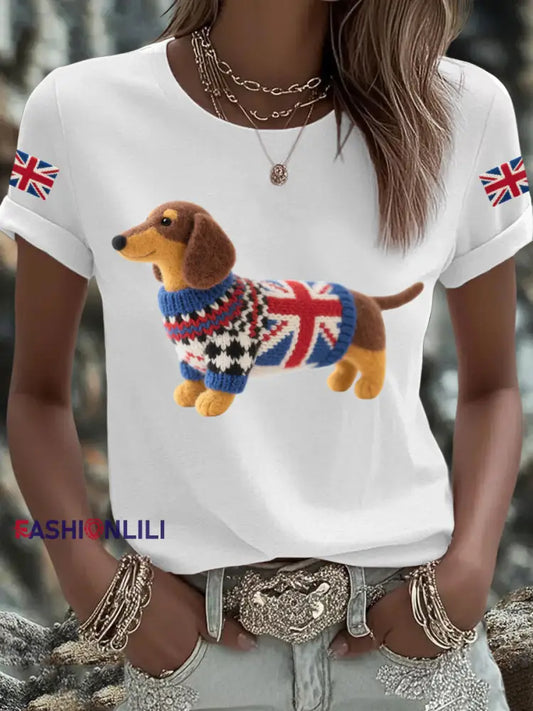 Women’s UK Flag Dachshund Printed T shirt White / S