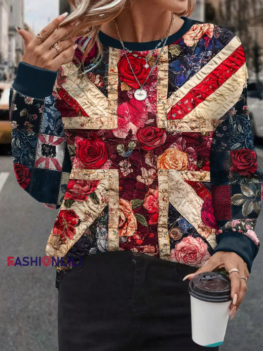 Women’s UK Flag Floral Art Printed Sweatshirt As picture / S