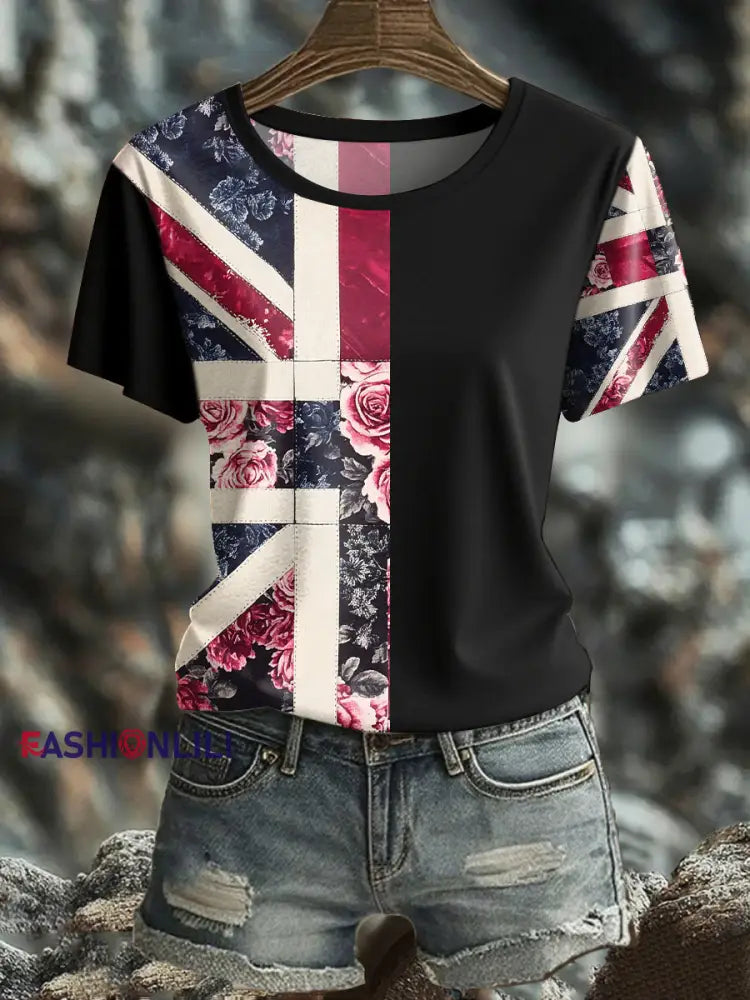 Women’s UK Flag Floral Art Printed T shirt Black / S