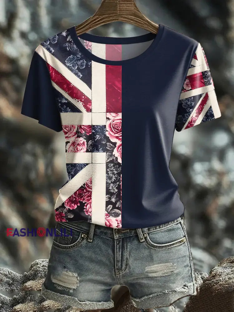 Women’s UK Flag Floral Art Printed T shirt Navy Blue / S