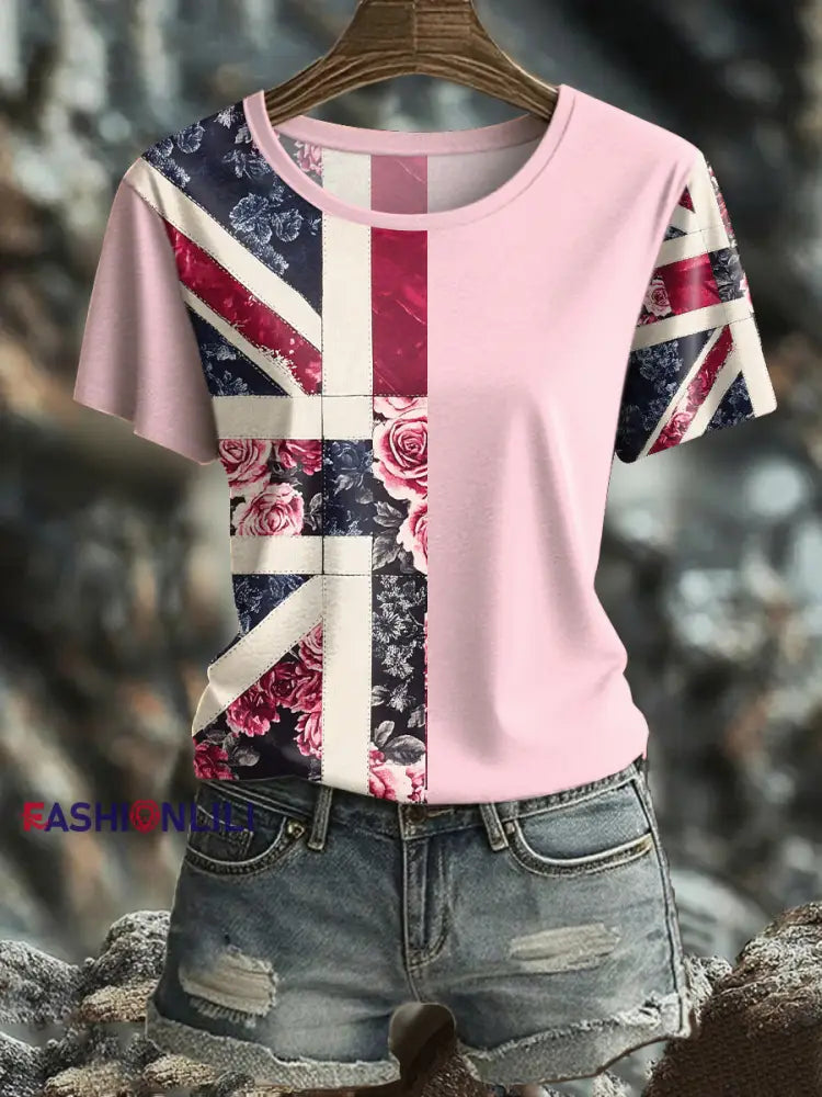 Women’s UK Flag Floral Art Printed T shirt Pink / S
