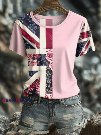 Women’s UK Flag Floral Art Printed T shirt Pink / S
