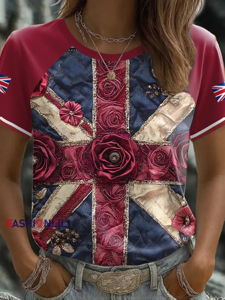 Women’s UK Flag Floral Art Printed T shirt Red / S