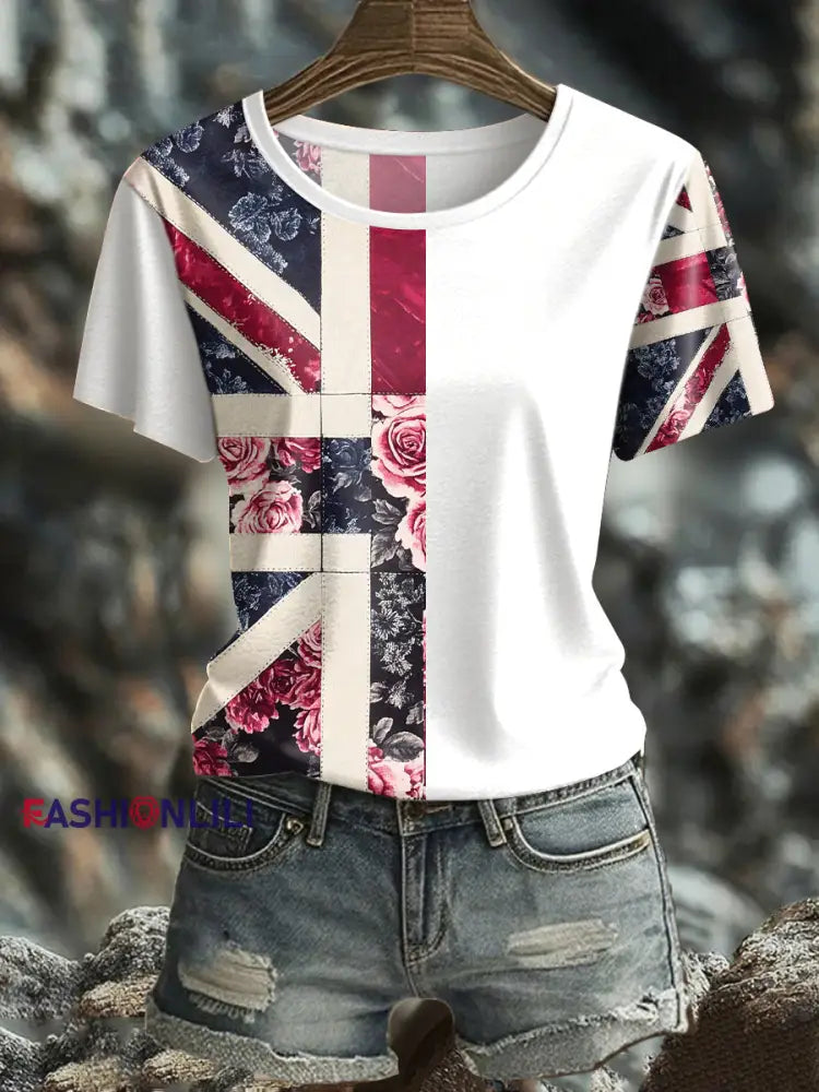 Women’s UK Flag Floral Art Printed T shirt White / S