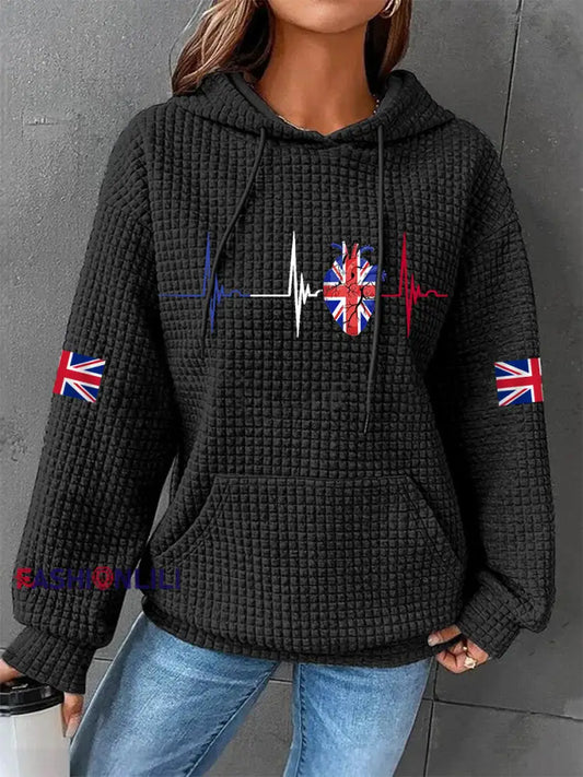 Women’s UK Flag Heartbeat Print Casual Waffle Hoodie Black / S