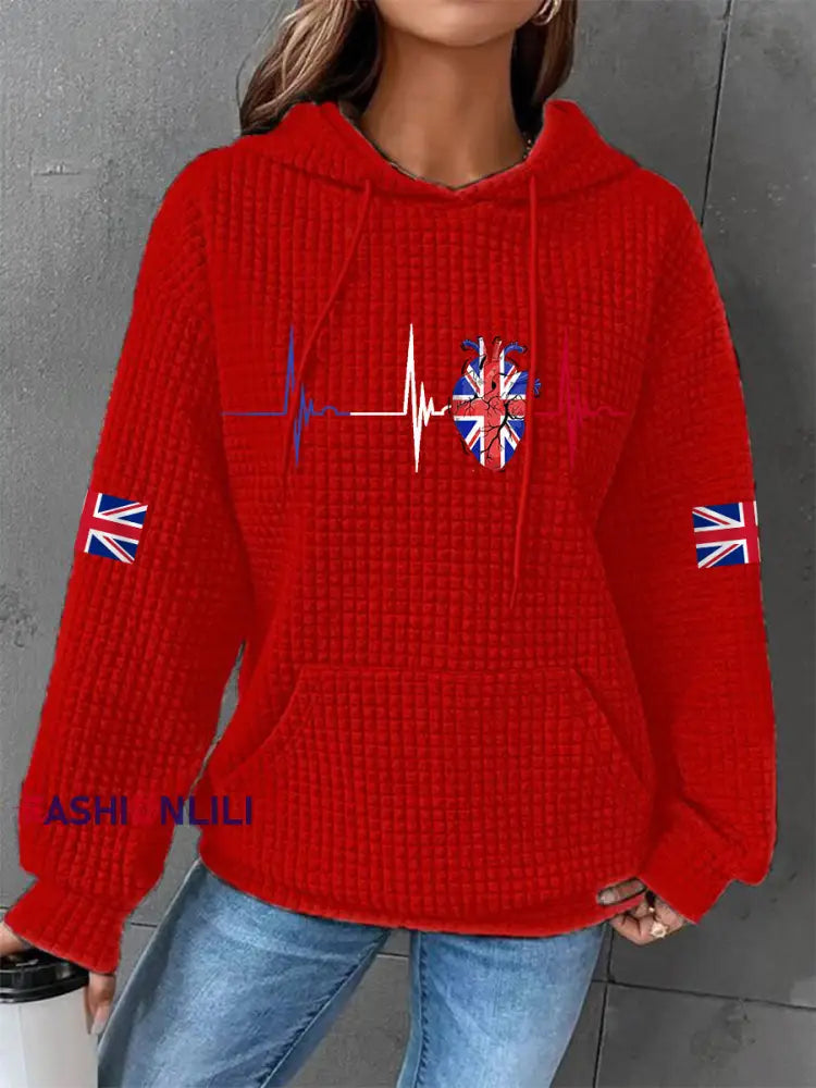 Women’s UK Flag Heartbeat Print Casual Waffle Hoodie Red / S