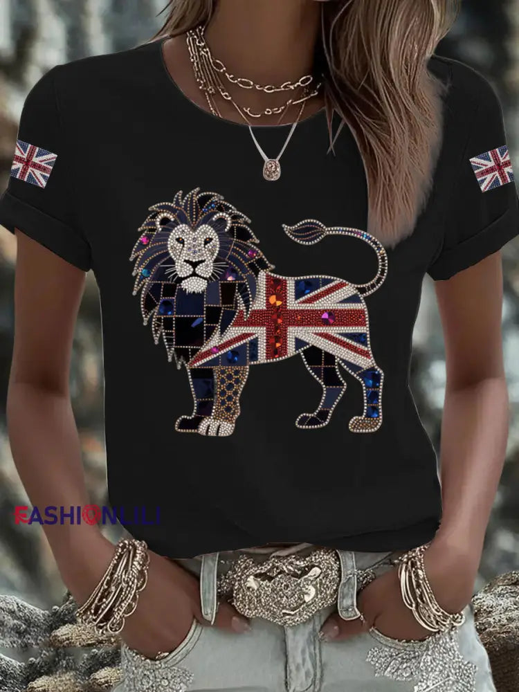 Women’s UK Flag Lion Printed T shirt Black / S