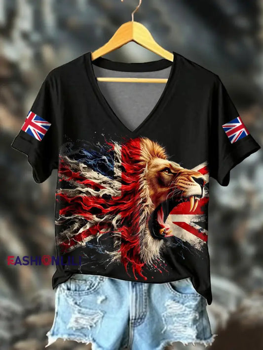 Women’s UK Flag Lion Printed T-shirt Black / S