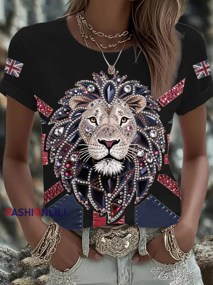 Women’s UK Flag Lion Printed T shirt Black / S