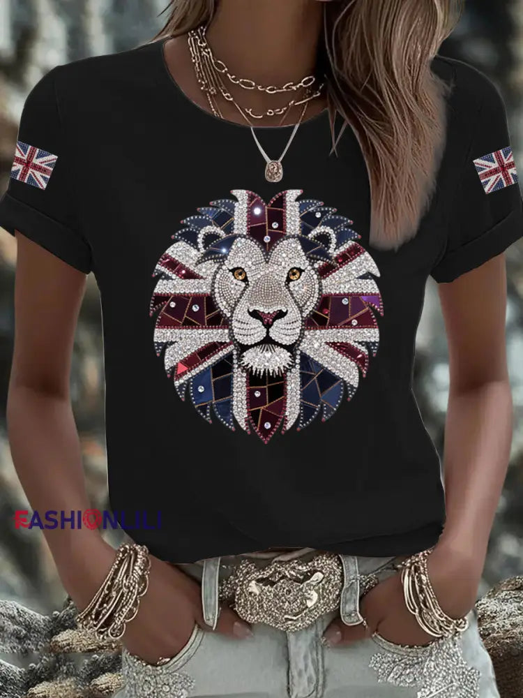 Women’s UK Flag Lion Printed T shirt Black / S