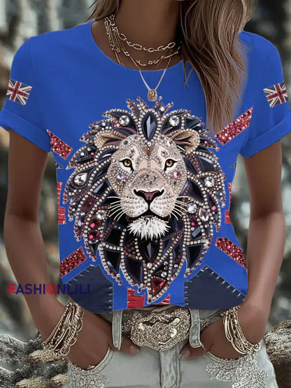 Women’s UK Flag Lion Printed T shirt Blue / S
