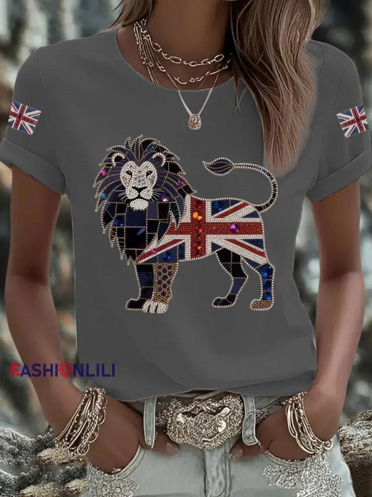 Women’s UK Flag Lion Printed T shirt Dark Gray / S