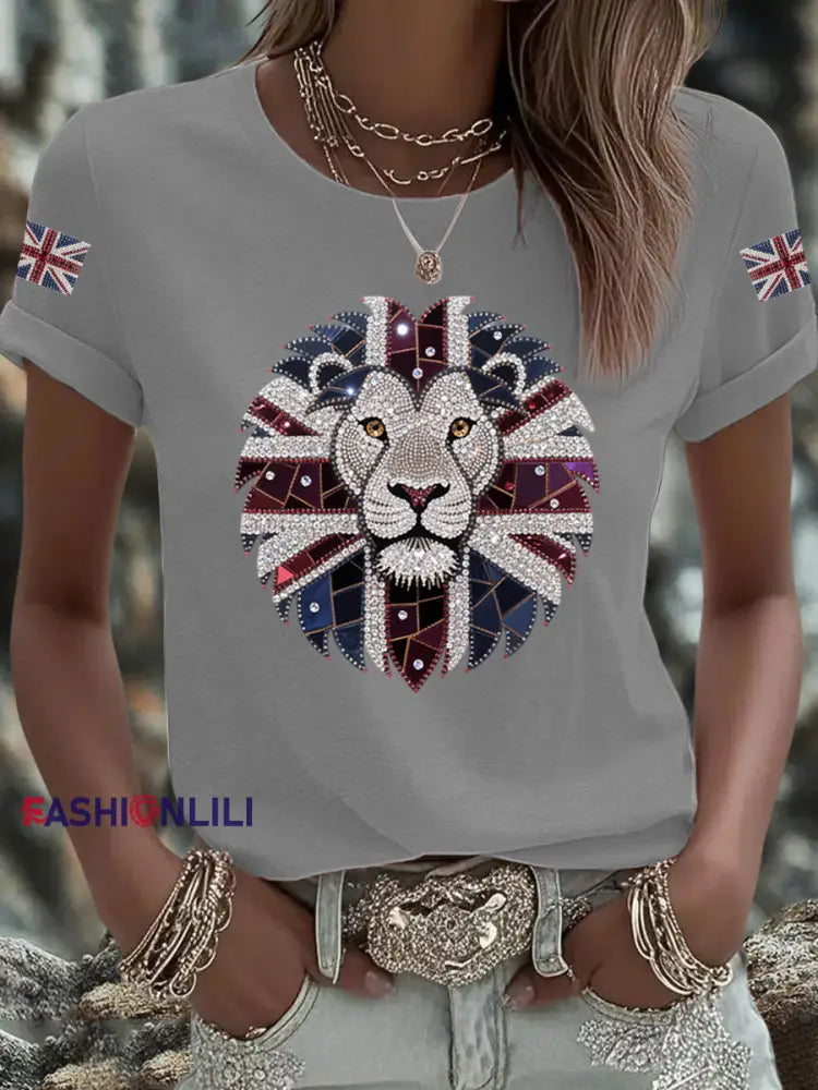 Women’s UK Flag Lion Printed T shirt Dark Gray / S