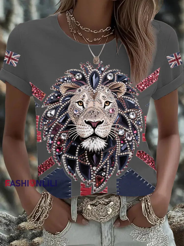 Women’s UK Flag Lion Printed T shirt Dark Gray / S