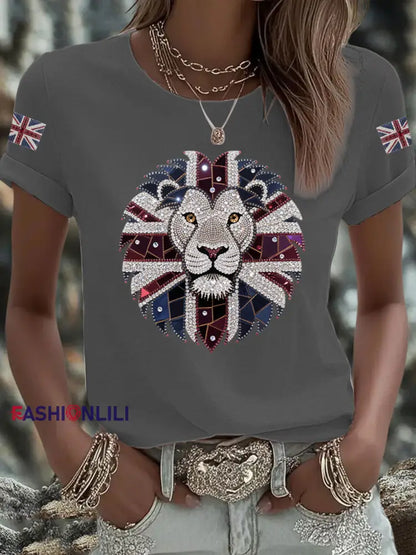 Women’s UK Flag Lion Printed T shirt Light Gray / S