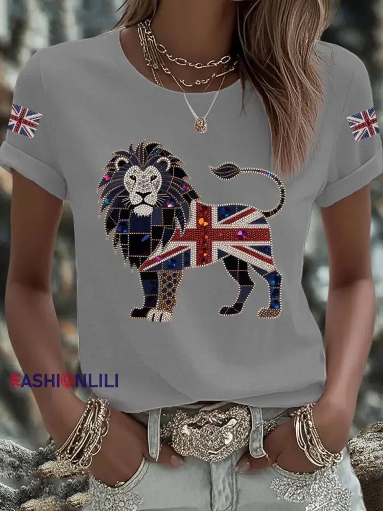 Women’s UK Flag Lion Printed T shirt Light Gray / S
