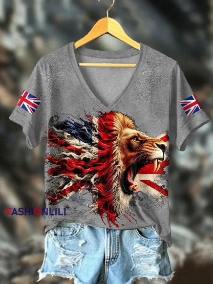 Women’s UK Flag Lion Printed T-shirt Light Gray / S
