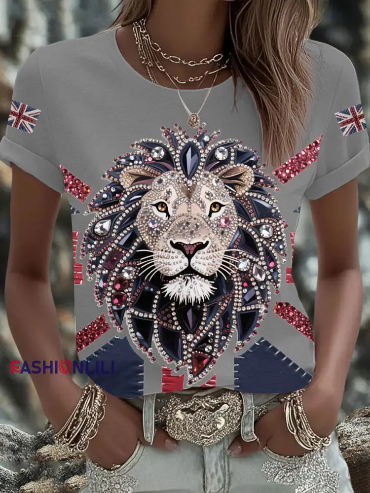 Women’s UK Flag Lion Printed T shirt Light Gray / S